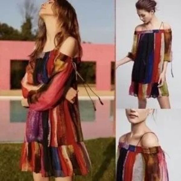 Anthropologie Dresses & Skirts - Anthropologie Floreat Dress Large Green Red Blue Watercolor Off Shoulder Flowy